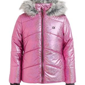 Calvin Klein pink holographic puffer coat.